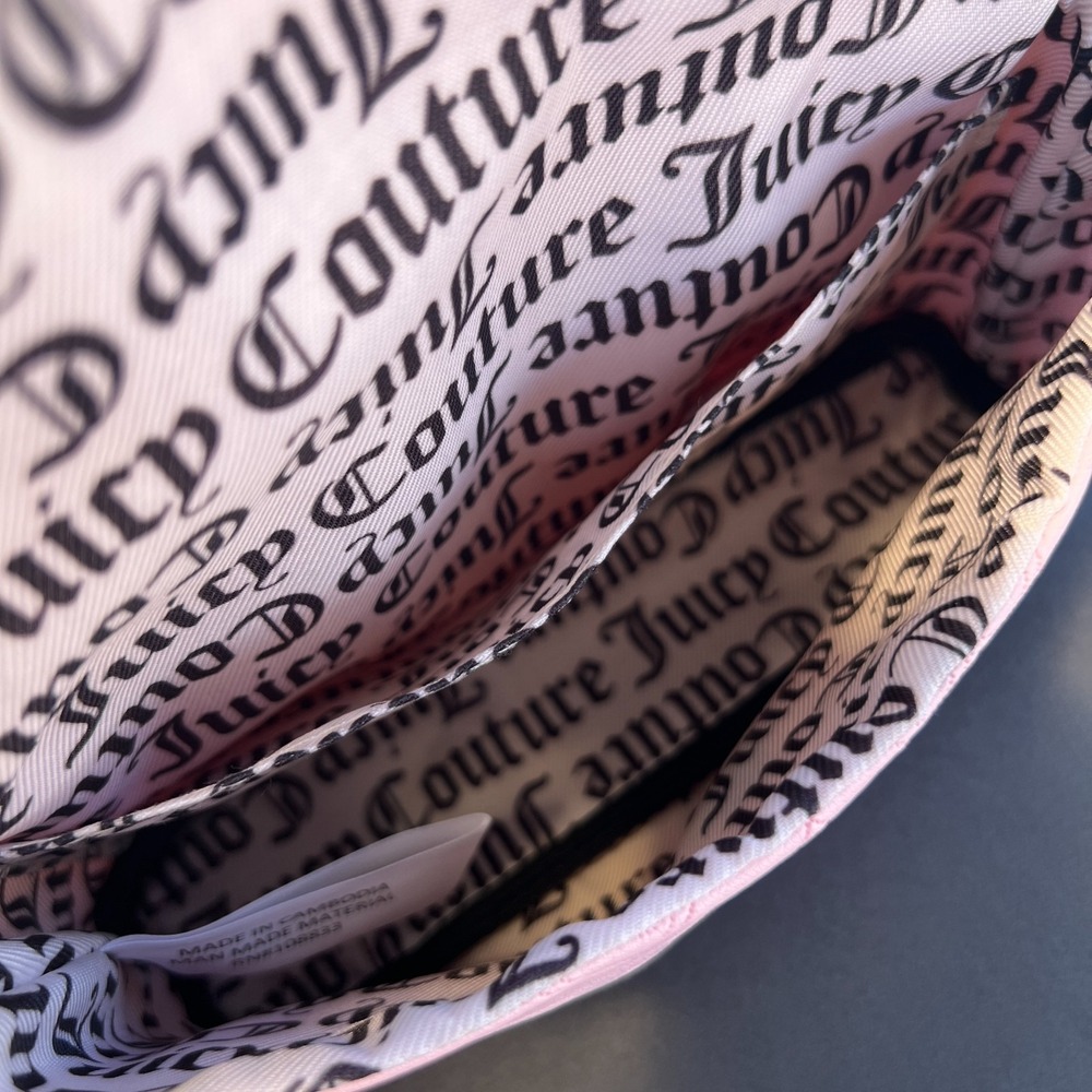 Juicy Couture Pink Monogram Clutch Bag Wristlet Purse‎ Gold Chain Charm Y2K Soft - Picture 6 of 9